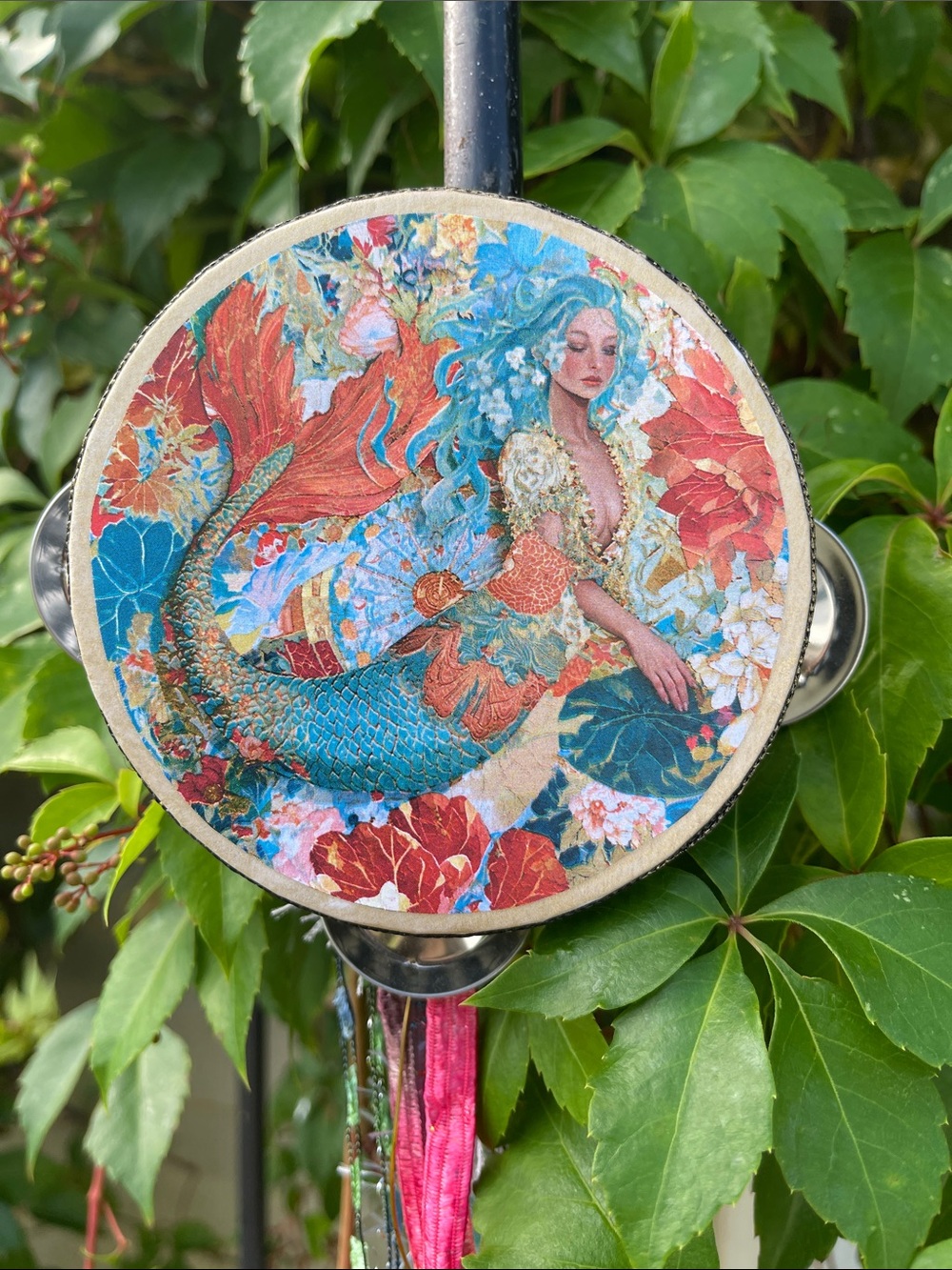 Mermaid Decorative Wall Hanging - Turquoise & Coral 6” Tambourine with Ribbon